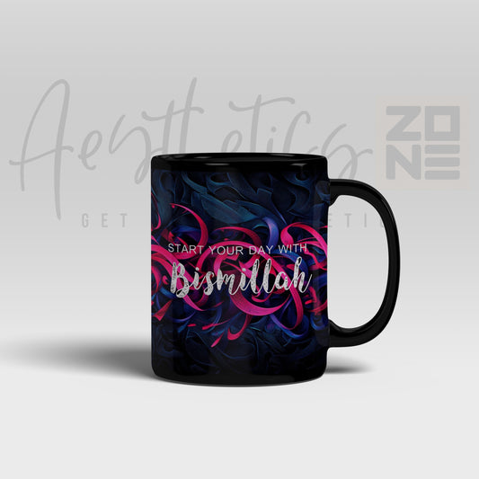 Black mug with colorful design and text on a light gray background