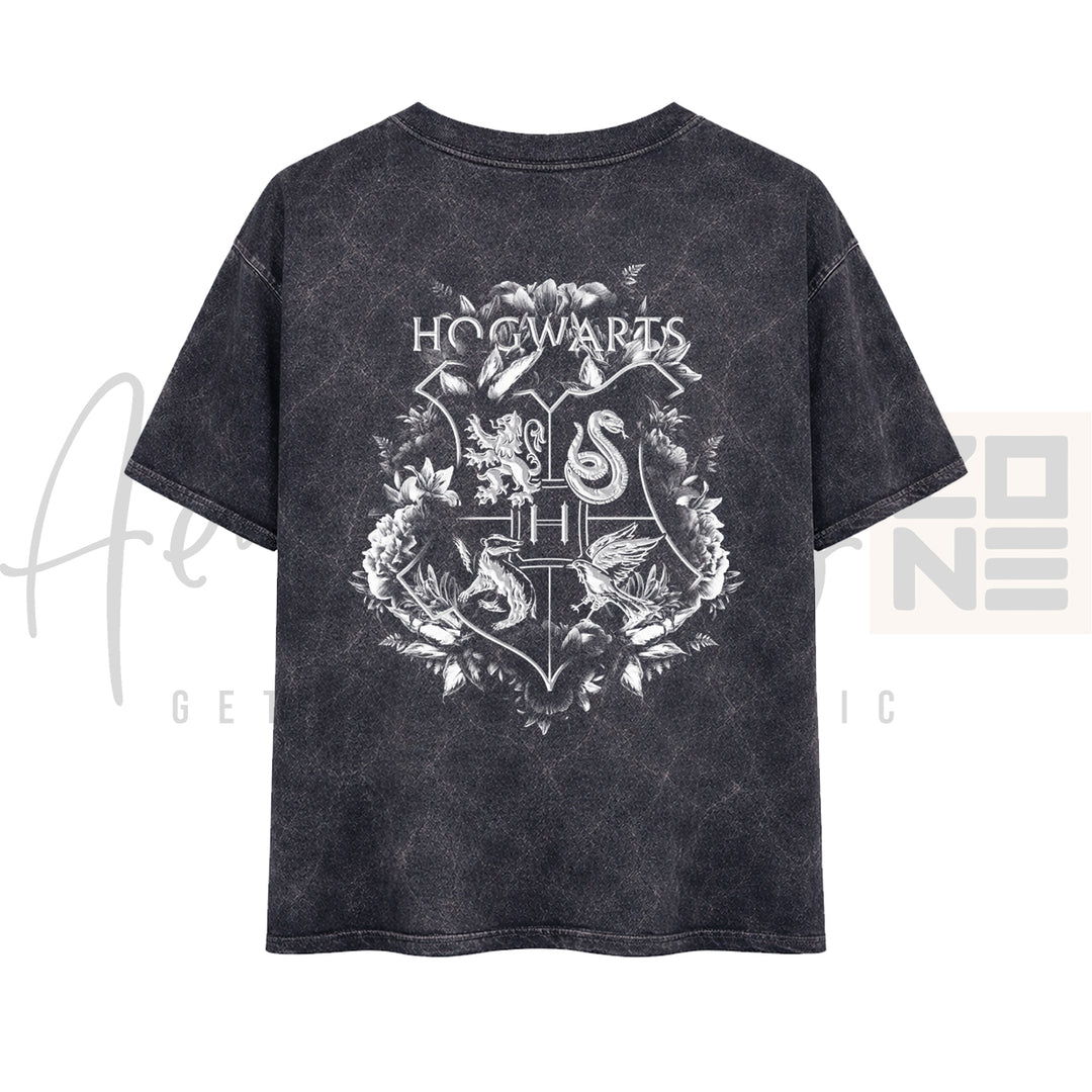 Hogwarts Blooms – Floral Logo Acid Wash Tee