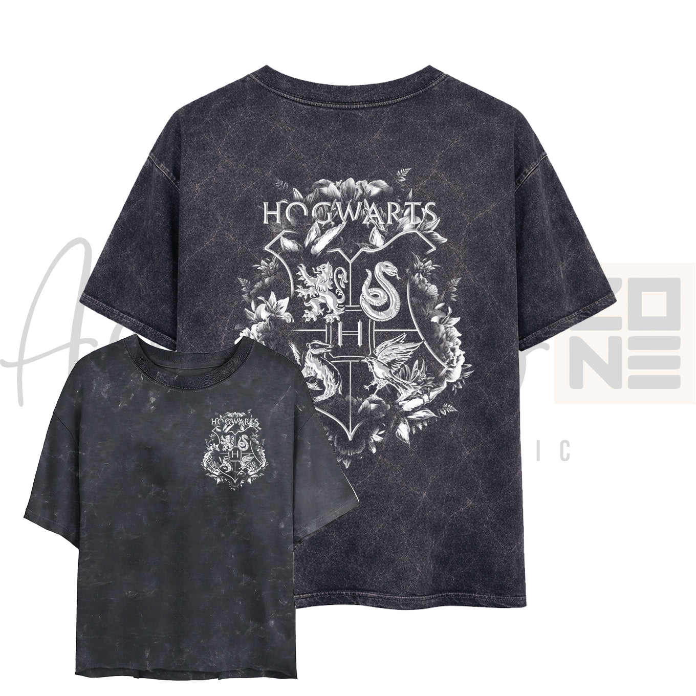 Hogwarts Blooms – Floral Logo Acid Wash Tee