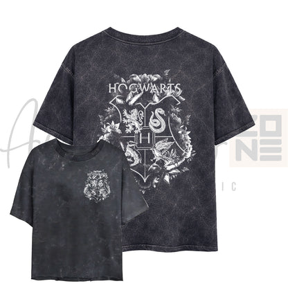Hogwarts Blooms – Floral Logo Acid Wash Tee