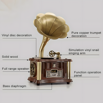 Vintage-style gramophone with labeled components on a white background