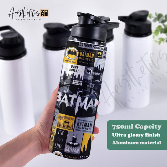 Batman-themed water bottle held by a hand with product details on a white background