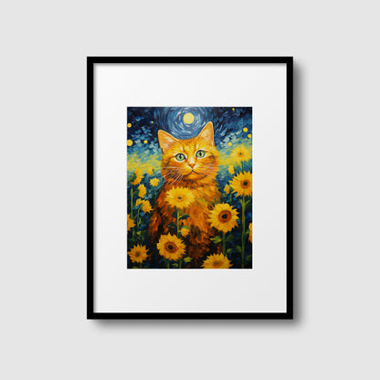 Starry Night Sunflower & Cat – Artistic Framed Wall Art
