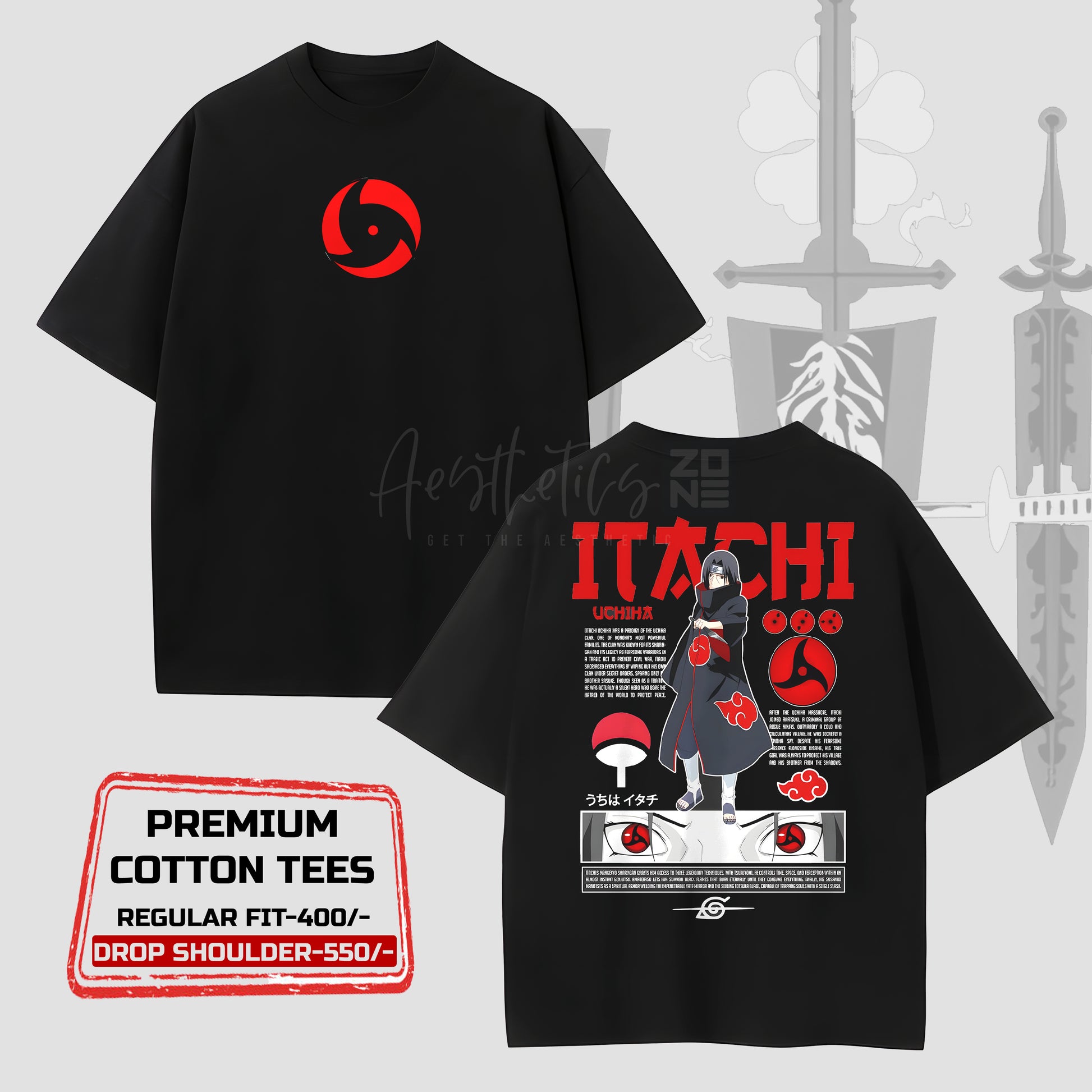 Black t-shirt with red and white graphic design on a gray background