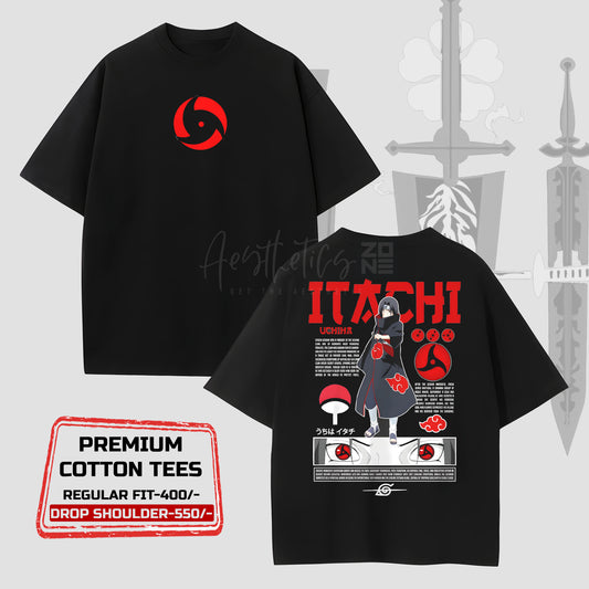 Black t-shirt with red and white graphic design on a gray background