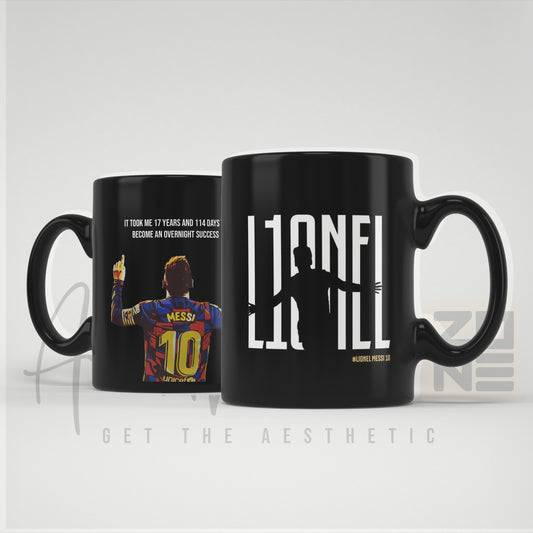 Two black mugs with soccer-themed designs on a light gray background