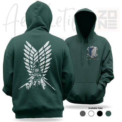 Green hoodie with front and back designs on a white background