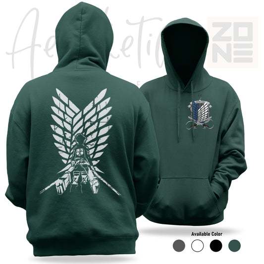 Green hoodie with front and back designs on a white background
