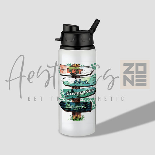 White water bottle with a design of a road sign and text 'Let the Adventure Begin' on a light gray background.