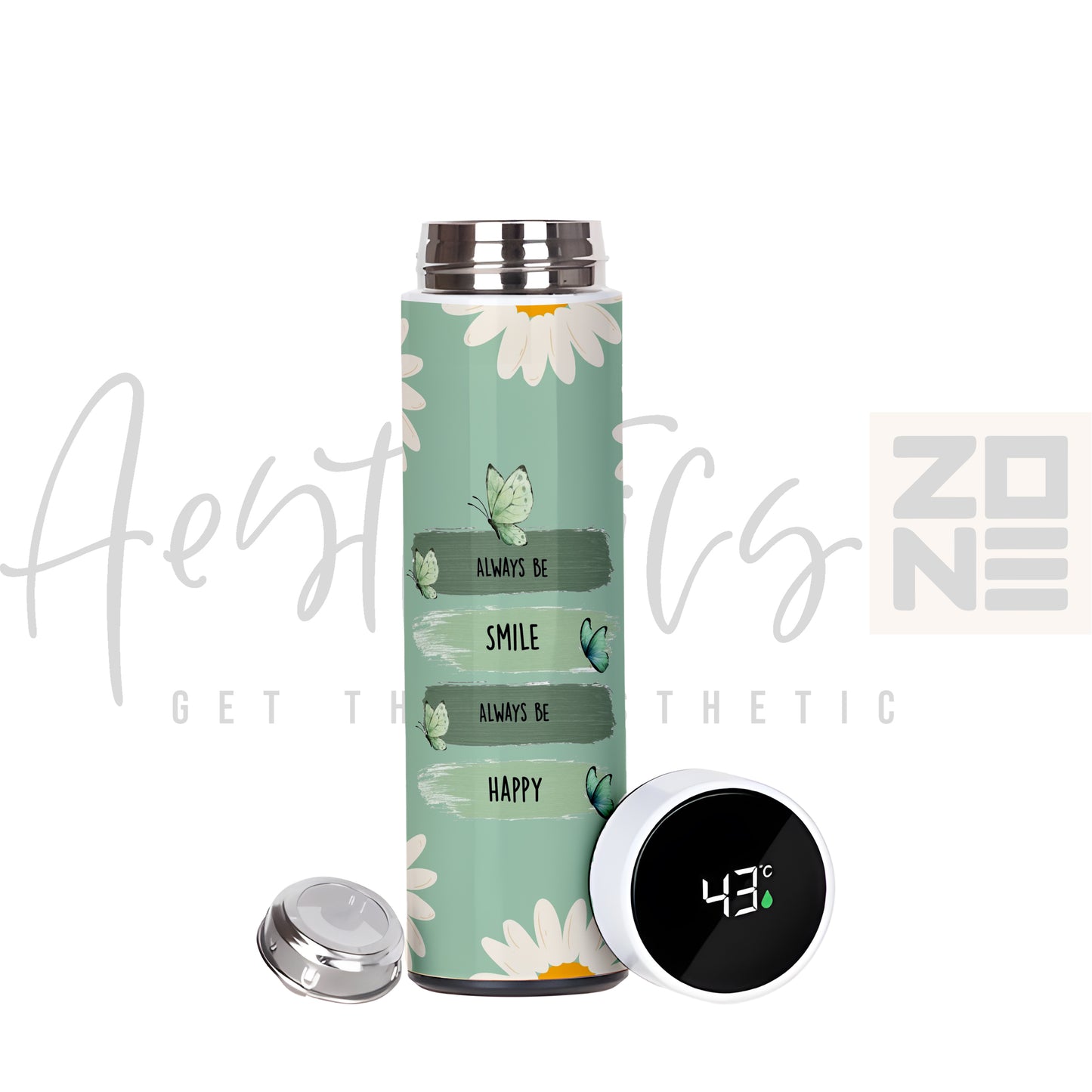 Thermos bottle with motivational quote and floral design on a white background