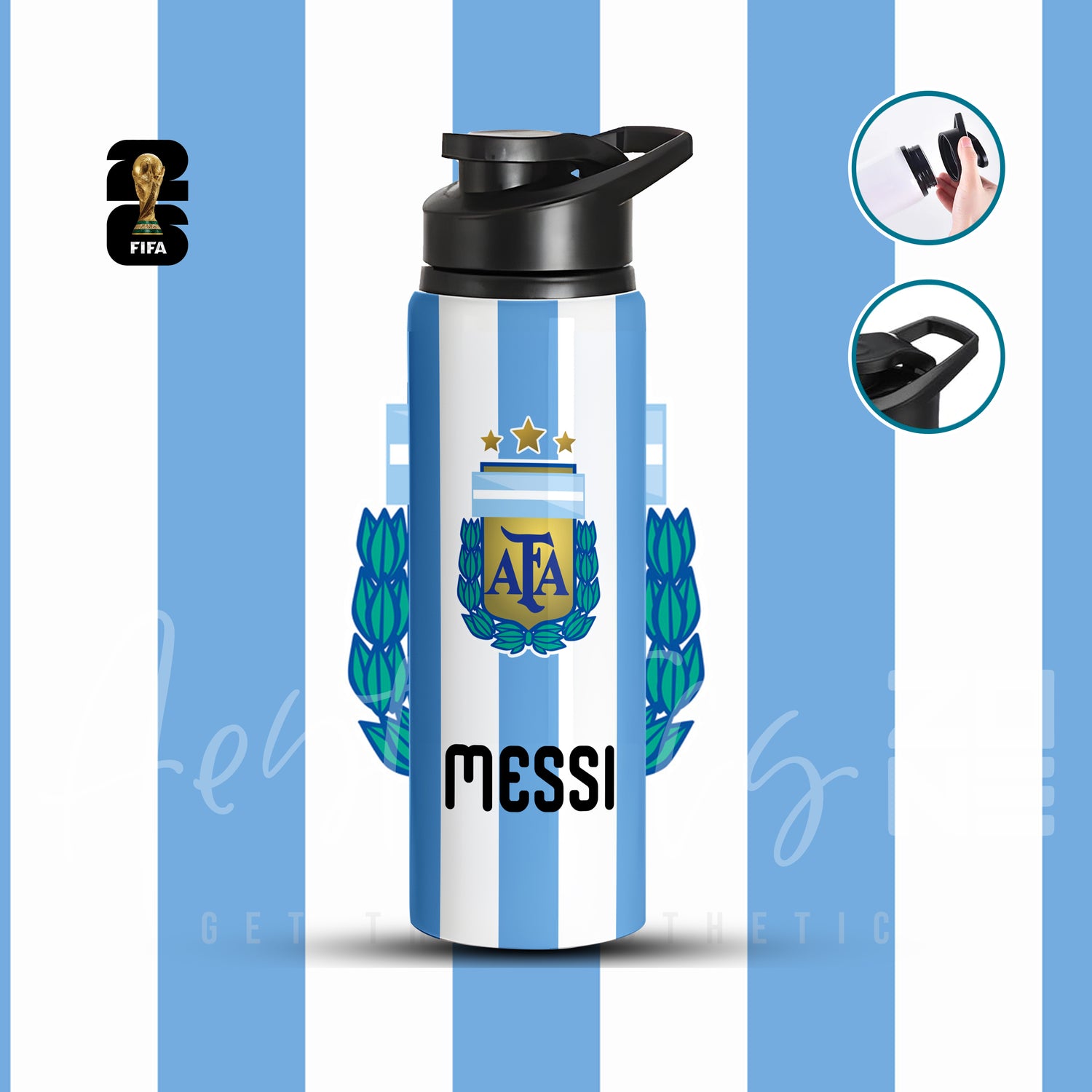 Water bottle with Argentina national team logo and 'Messi' on a blue and white striped background