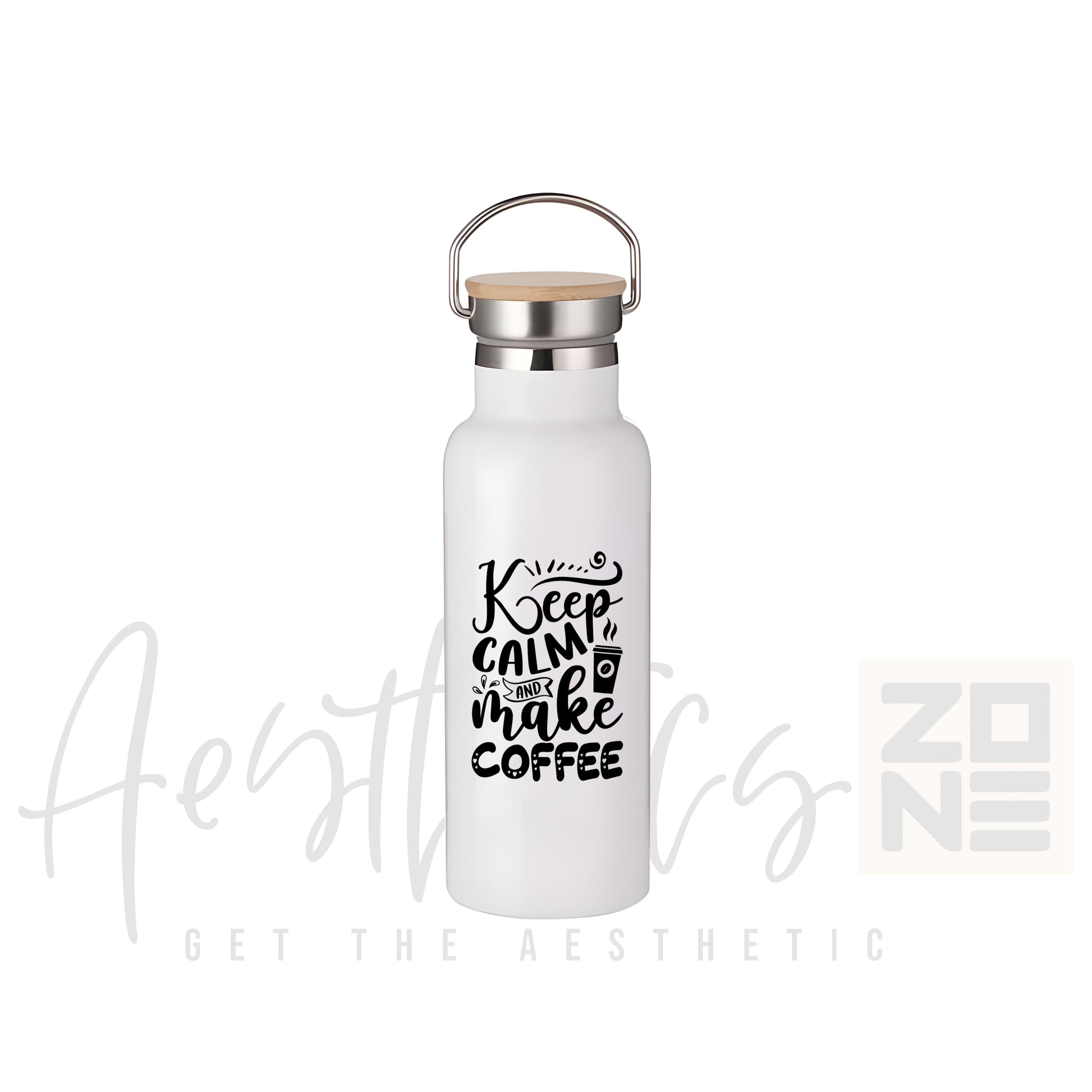 White water bottle with 'Keep calm and make coffee' text on a white background