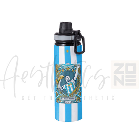 Water bottle with Lionel Messi design and Argentina flag on a white background