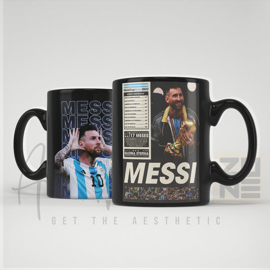 Two black mugs featuring images of a famous soccer player with 'Messi' branding.