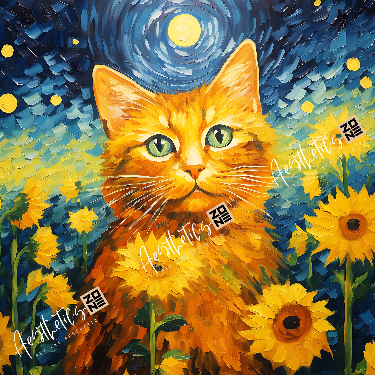 Starry Night Sunflower & Cat – Artistic Framed Wall Art