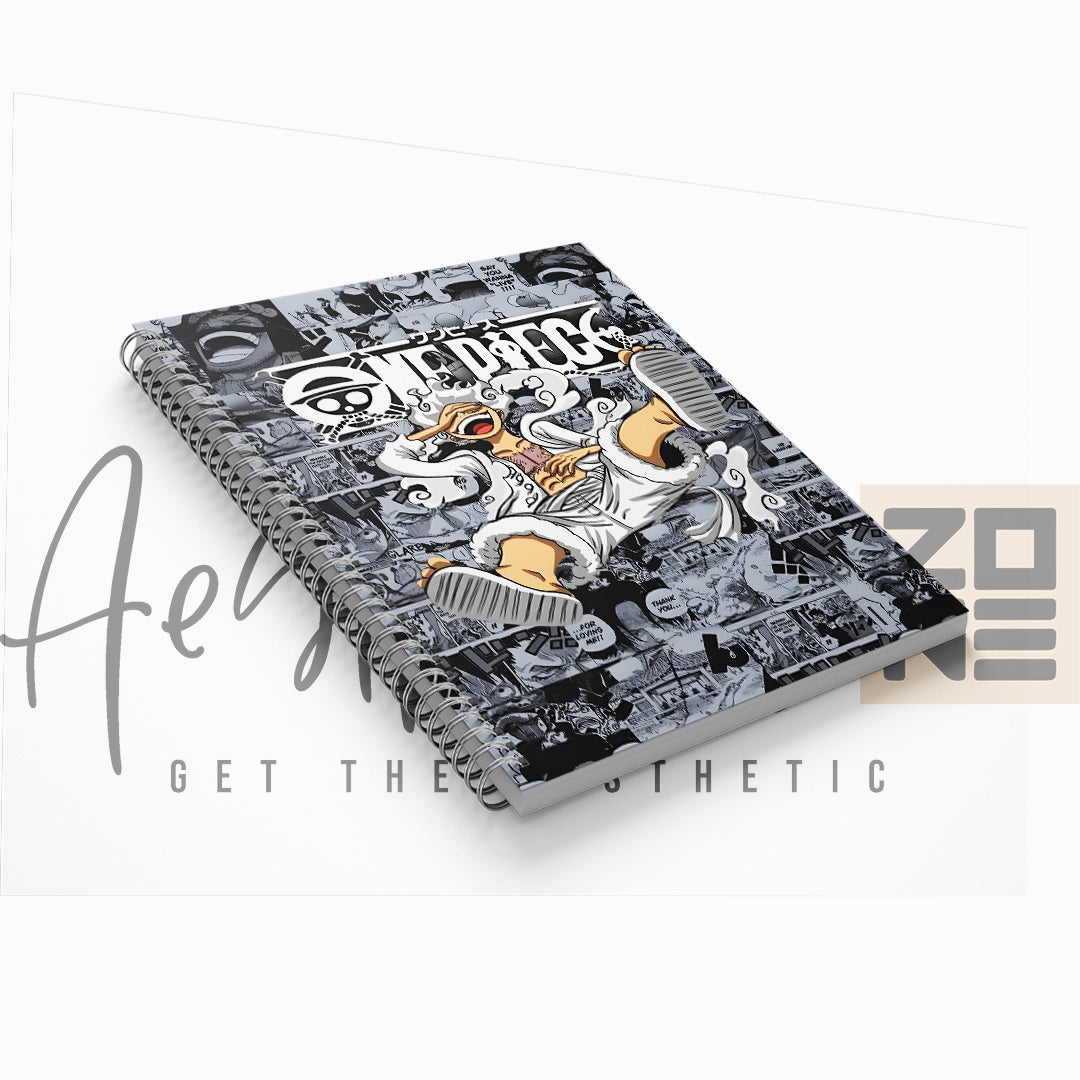 Notebook with a stylized design on the cover, featuring a brand name at the bottom.