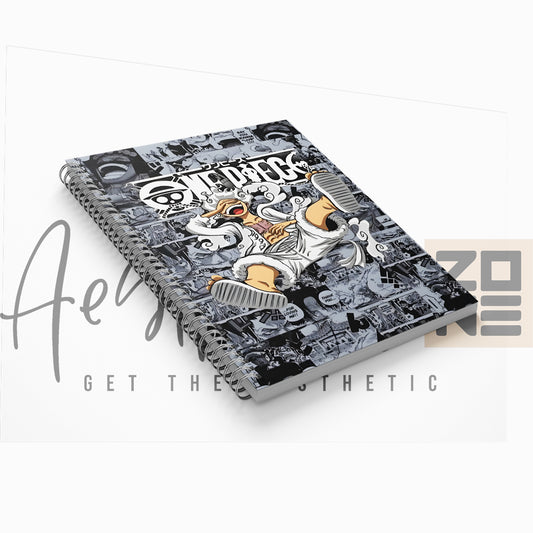 Notebook with a stylized design on the cover, featuring a brand name at the bottom.