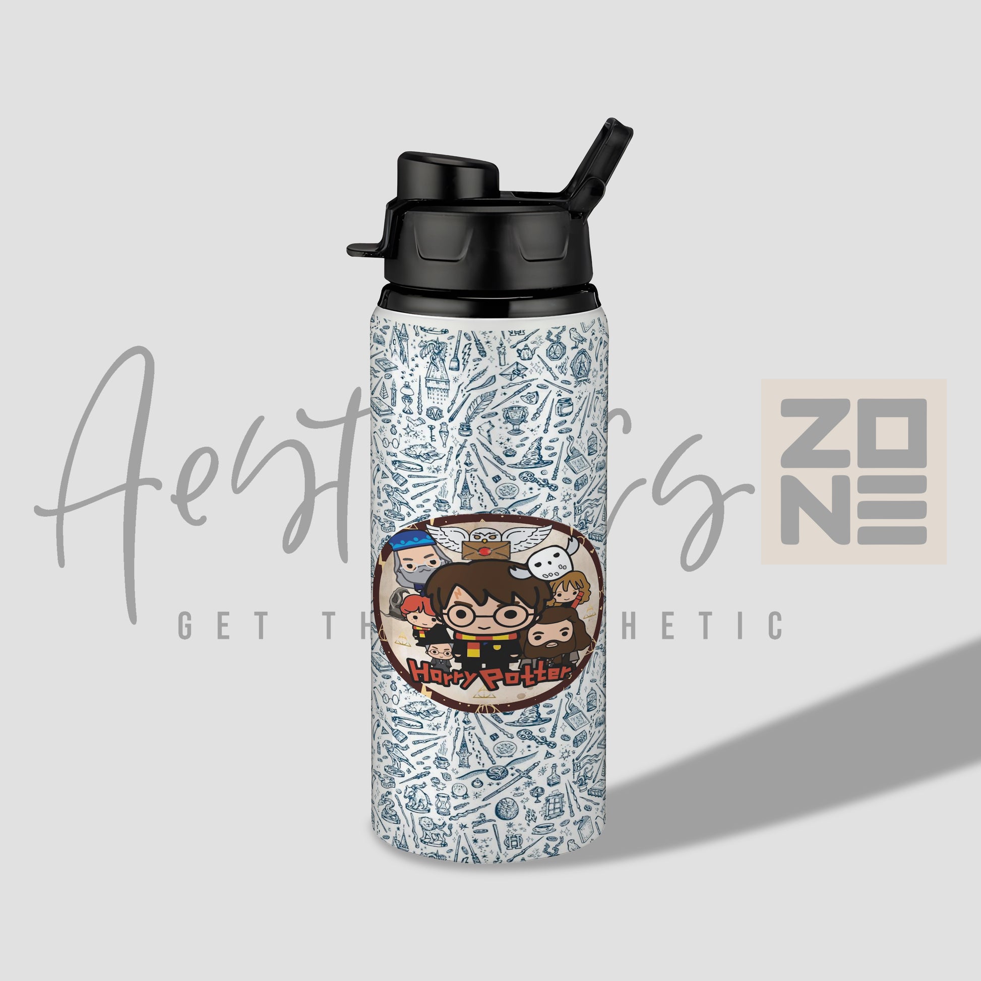 Water bottle with character design on a light gray background