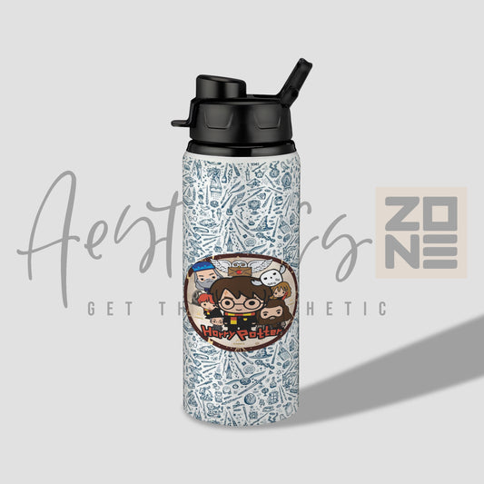 Water bottle with character design on a light gray background