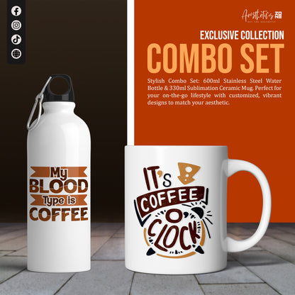 Stainless steel water bottle and ceramic mug with coffee-themed designs on a dark surface.