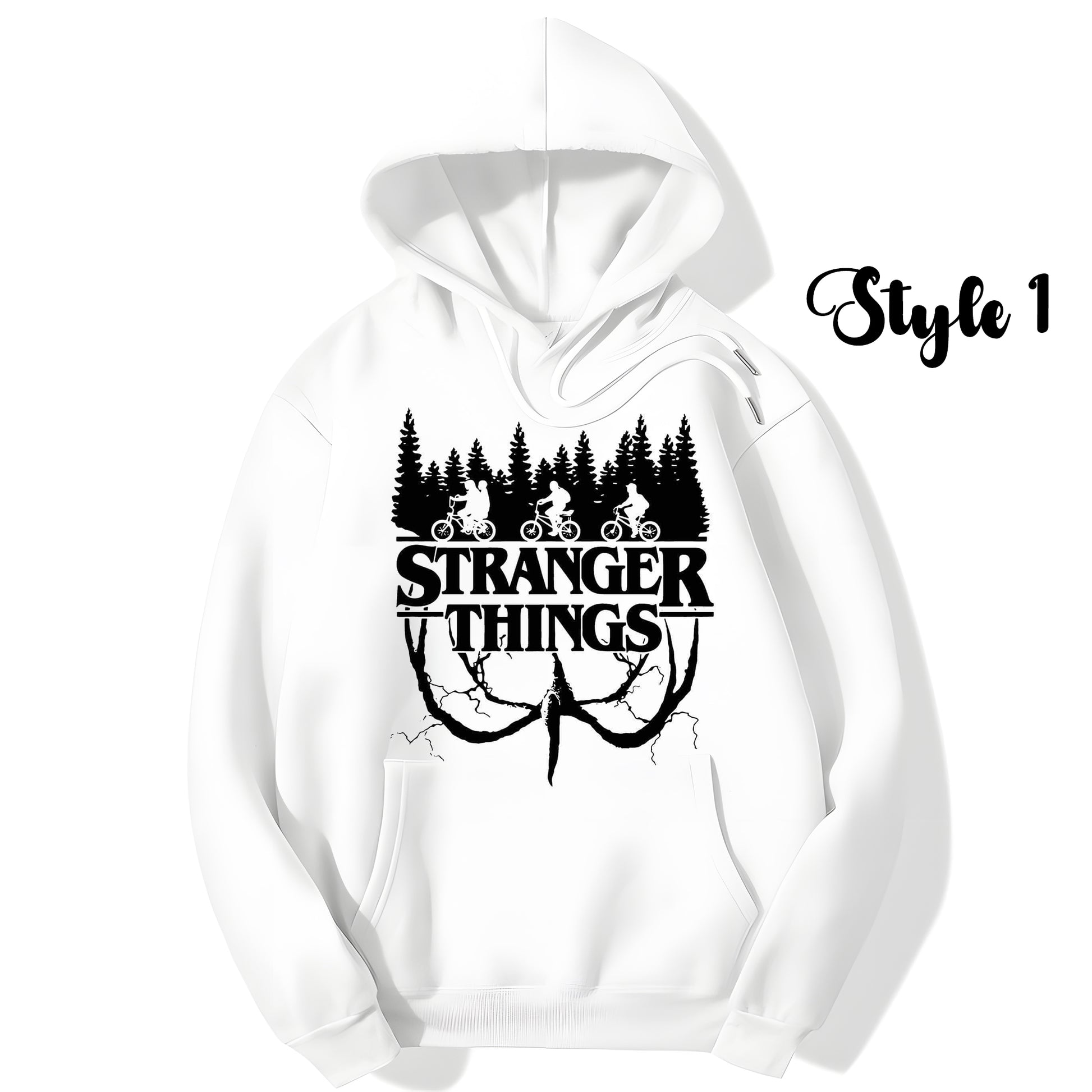 White hoodie with 'Stranger Things' logo on a white background