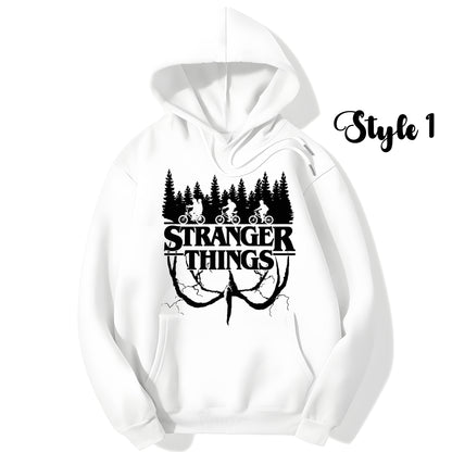 White hoodie with 'Stranger Things' logo on a white background