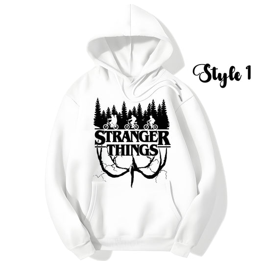 White hoodie with 'Stranger Things' logo on a white background