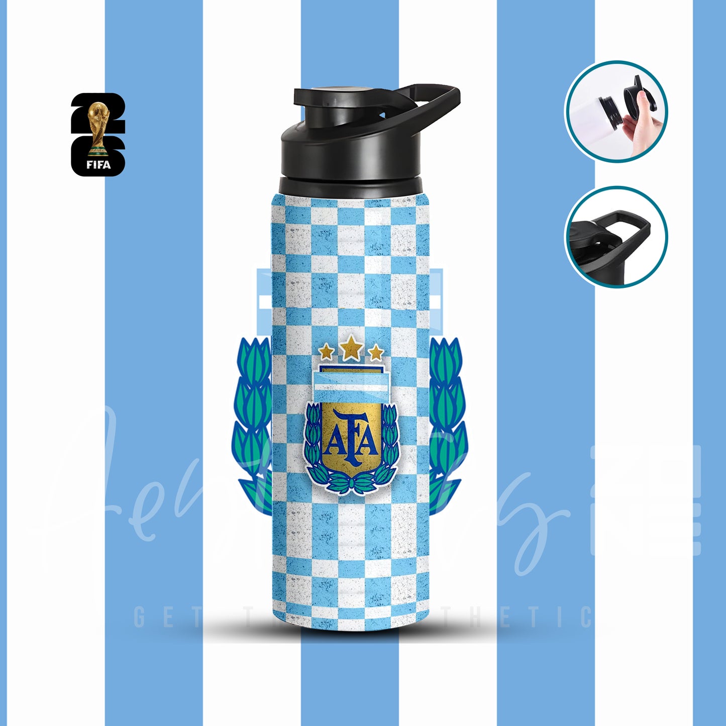 Argentina AFA Checkered Blue & White Crest Edition Aluminum Sports Water Bottle
