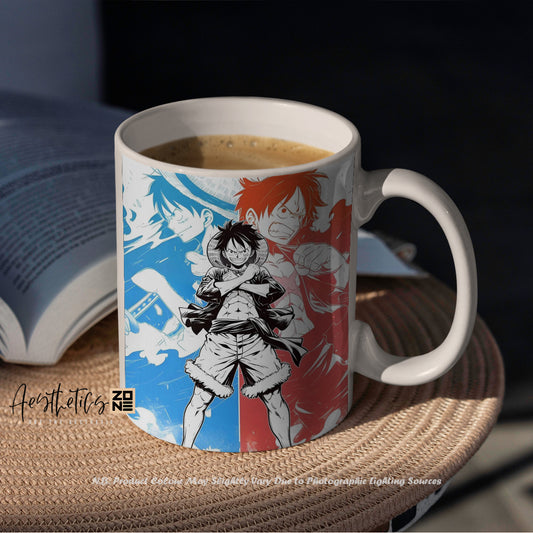 Mug with anime design featuring two characters, filled with coffee, on a woven surface.