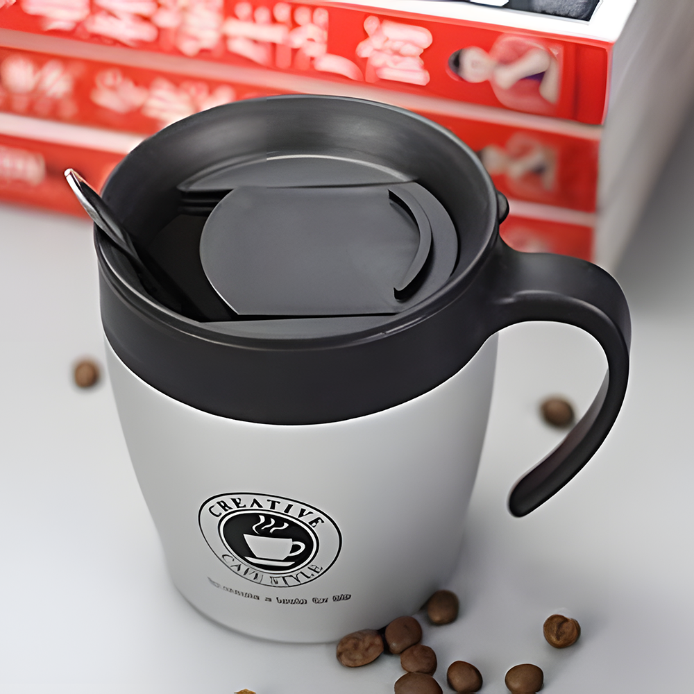 Double Walled 330ml Coffee Cup Stainless Steel with spoon