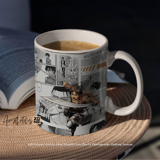 Mug with anime-style design filled with coffee, placed on a woven surface with an open book in the background.