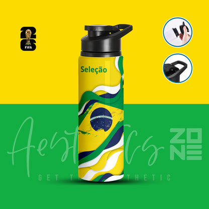 Water bottle with Brazilian flag design on a yellow and green background, featuring FIFA logo.