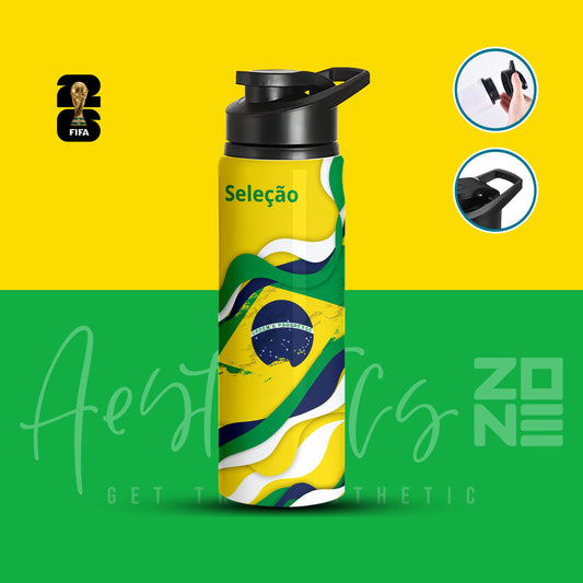 Water bottle with Brazilian flag design on a yellow and green background, featuring FIFA logo.