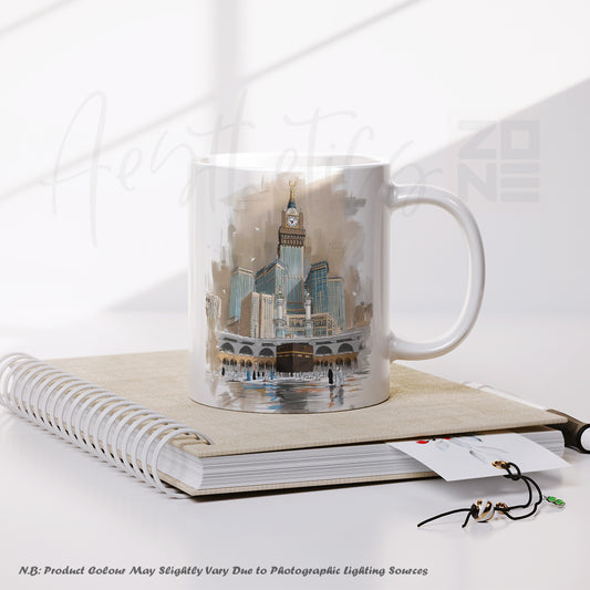 Mug with a design of a clock tower on a notebook