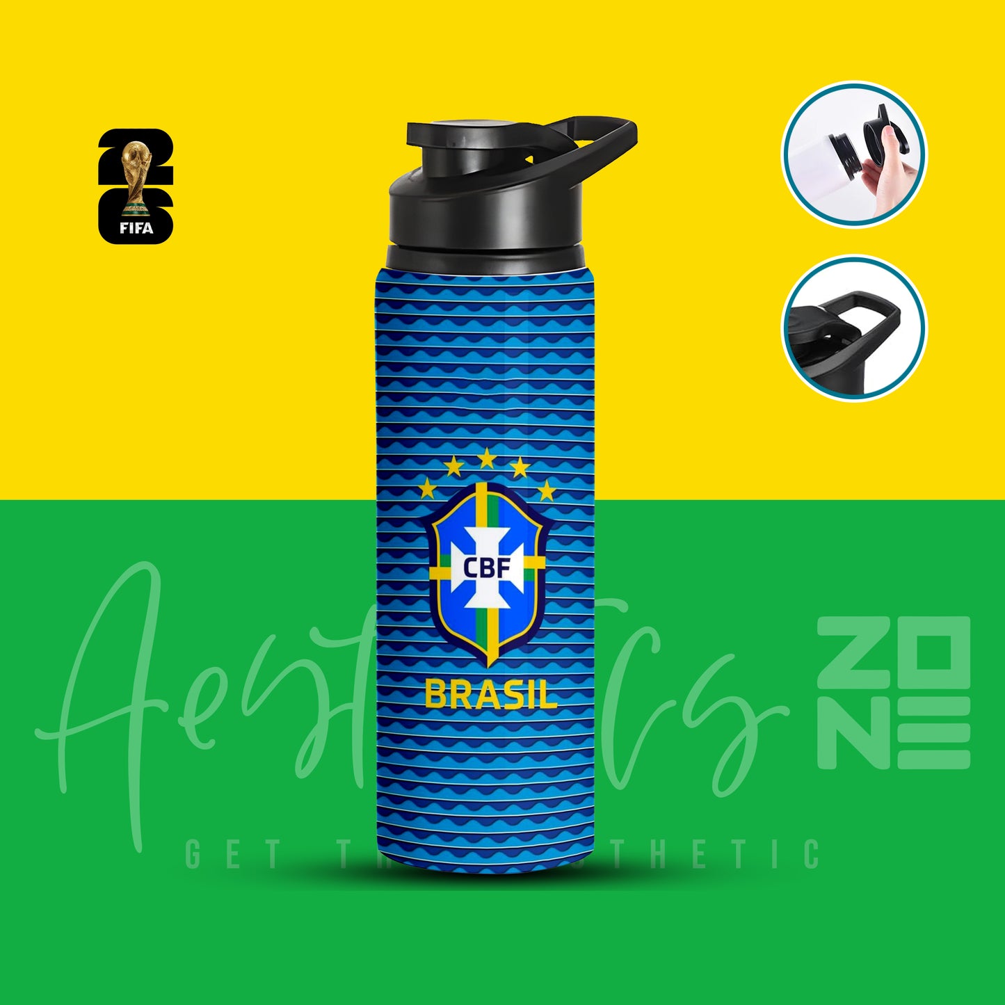 Brazil Blue Pattern Football Logo Edition Aluminum Sports Water Bottle with free key rings