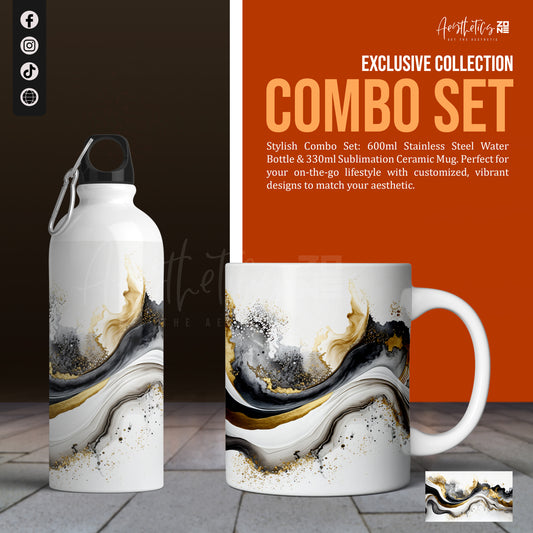 Stainless steel water bottle and ceramic mug with marbled design on a dark background