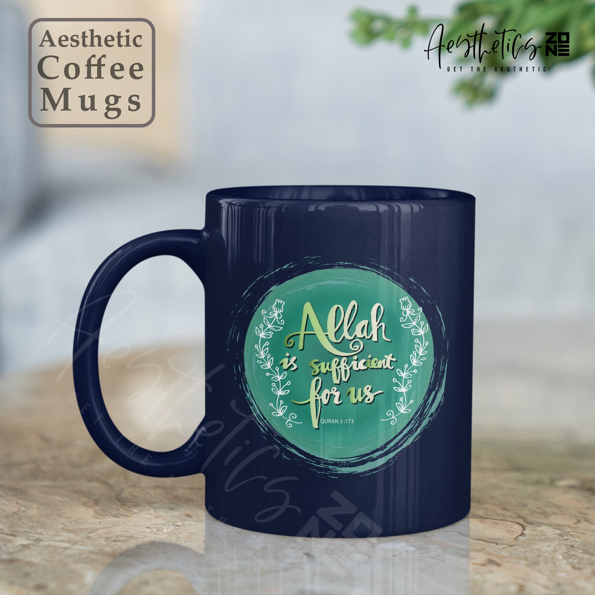 Navy blue mug with green circular design and text on a blurred background