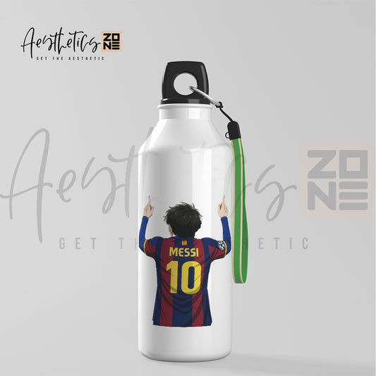 Water bottle with a graphic of a person in a sports jersey, featuring the number 10 and name 'Messi', on a light gray background.