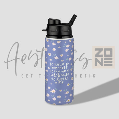 Blue water bottle with floral pattern and text on a light gray background