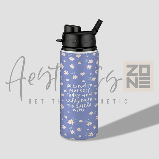Blue water bottle with floral pattern and text on a light gray background