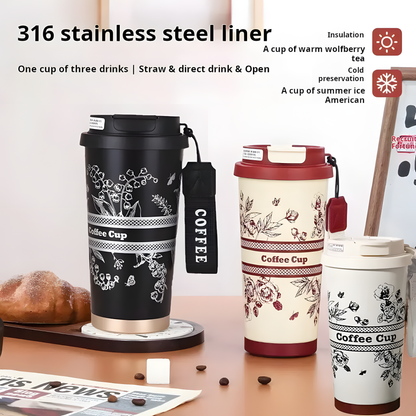 Coffee Cup 500ml stainless Steel Leakproof floral Travel Mug