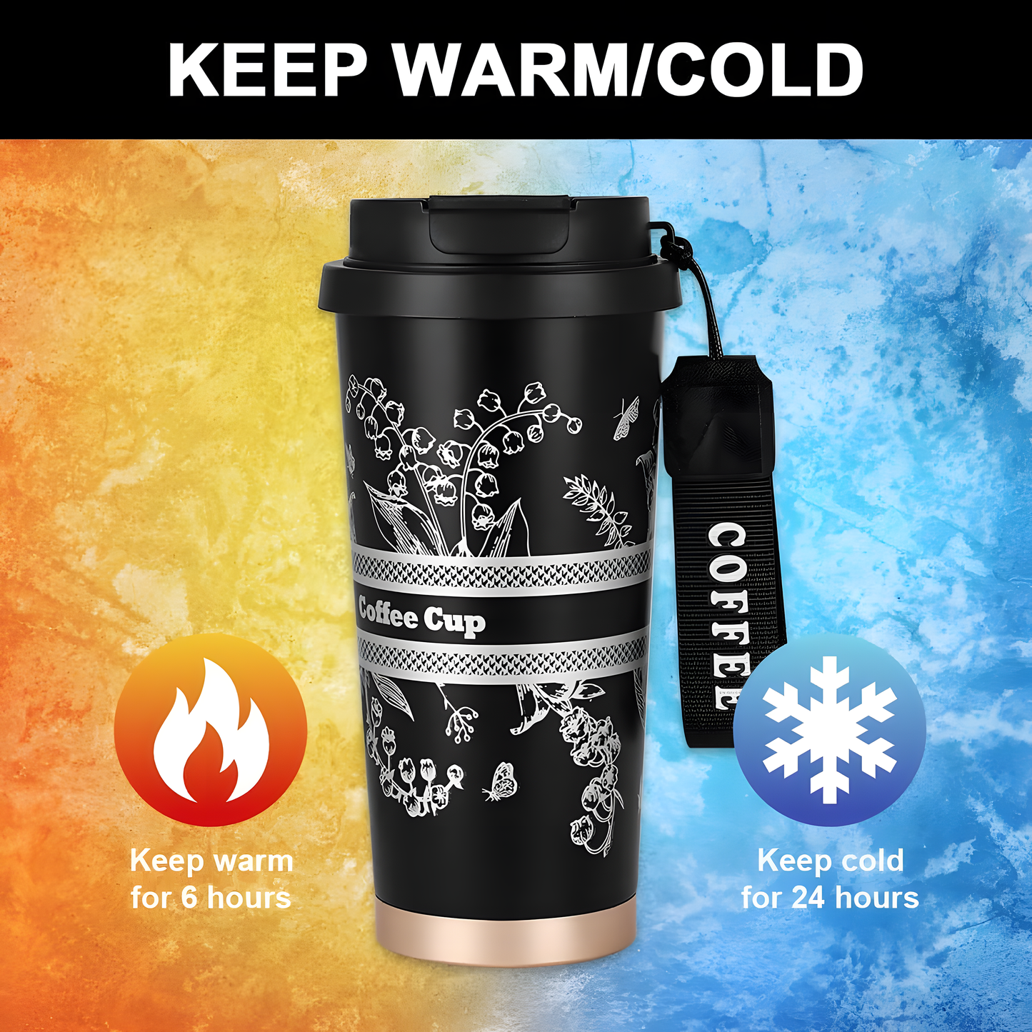 Coffee Cup 500ml stainless Steel Leakproof floral Travel Mug