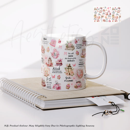 Mug with decorative design on a notebook with a white background