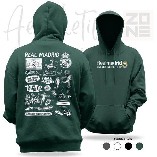 Green hoodie with Real Madrid branding on the front and back, featuring various graphics and text.