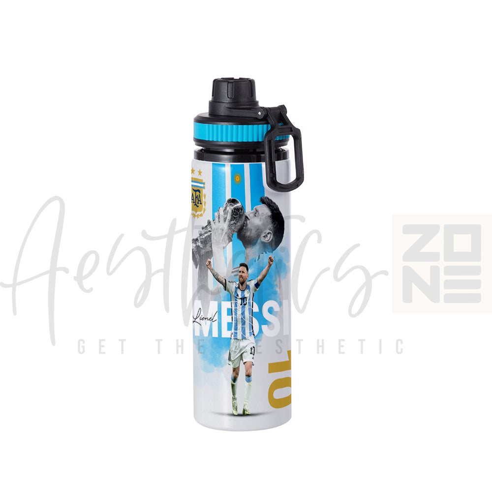 Water bottle with a soccer player design and Argentina flag on a white background