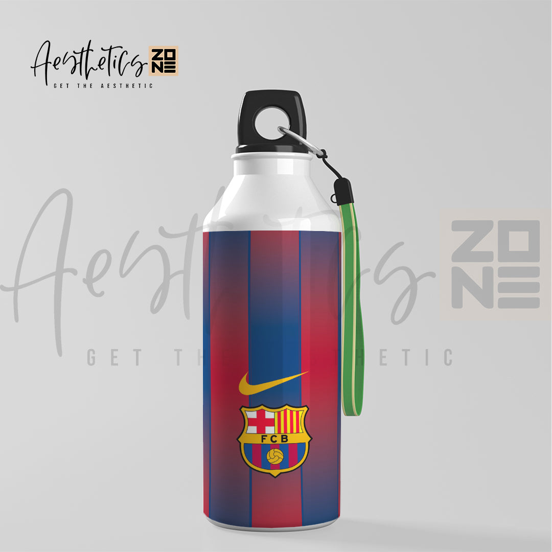 Water bottle with Barcelona FC design on a light gray background
