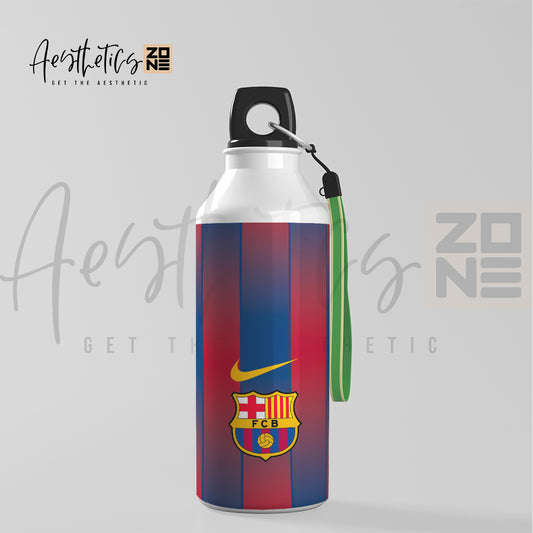 Water bottle with Barcelona FC design on a light gray background