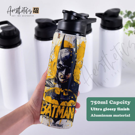 Batman-themed water bottle held by a hand with 'Aesthetics' branding in the background.