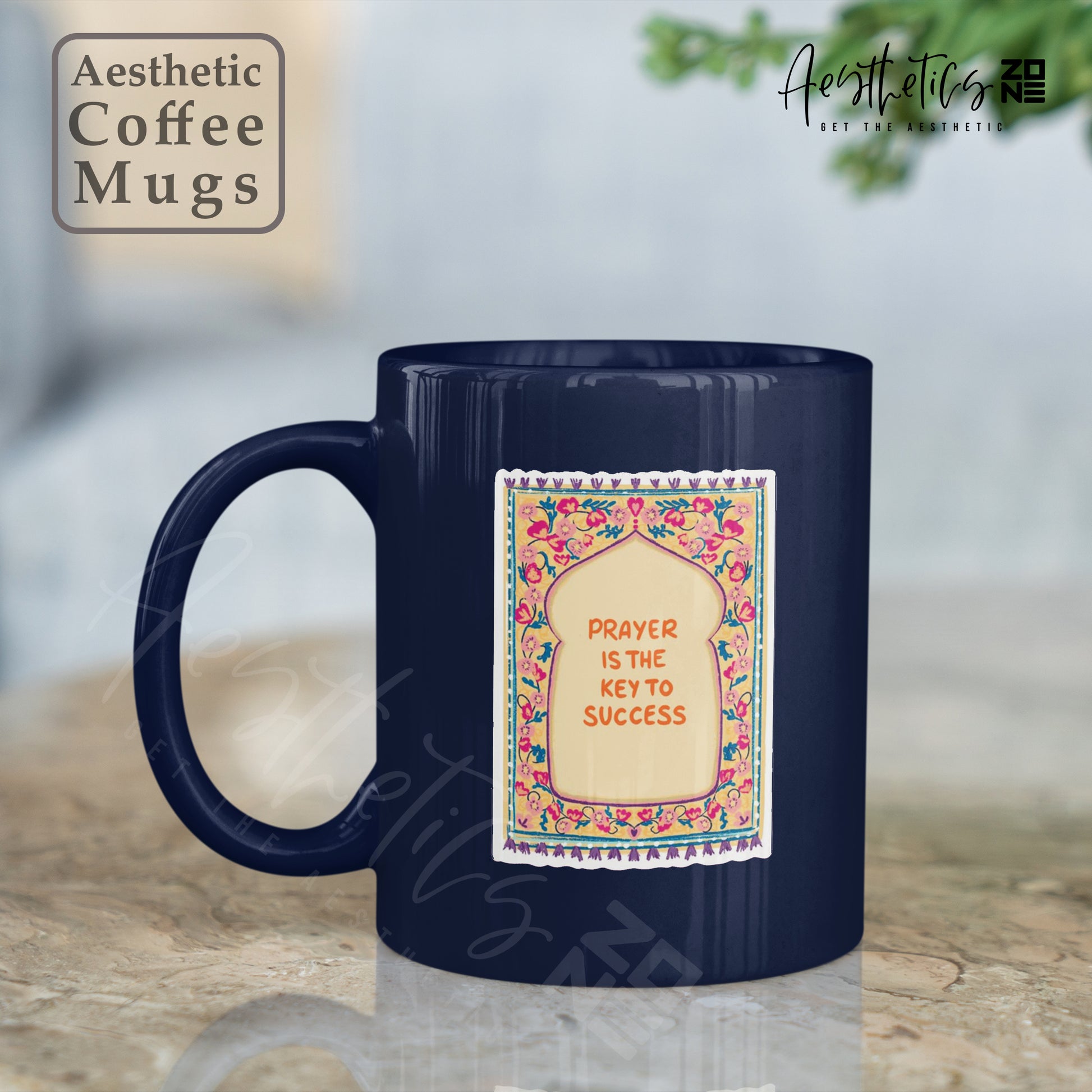 Navy blue mug with a colorful design and text on a wooden surface
