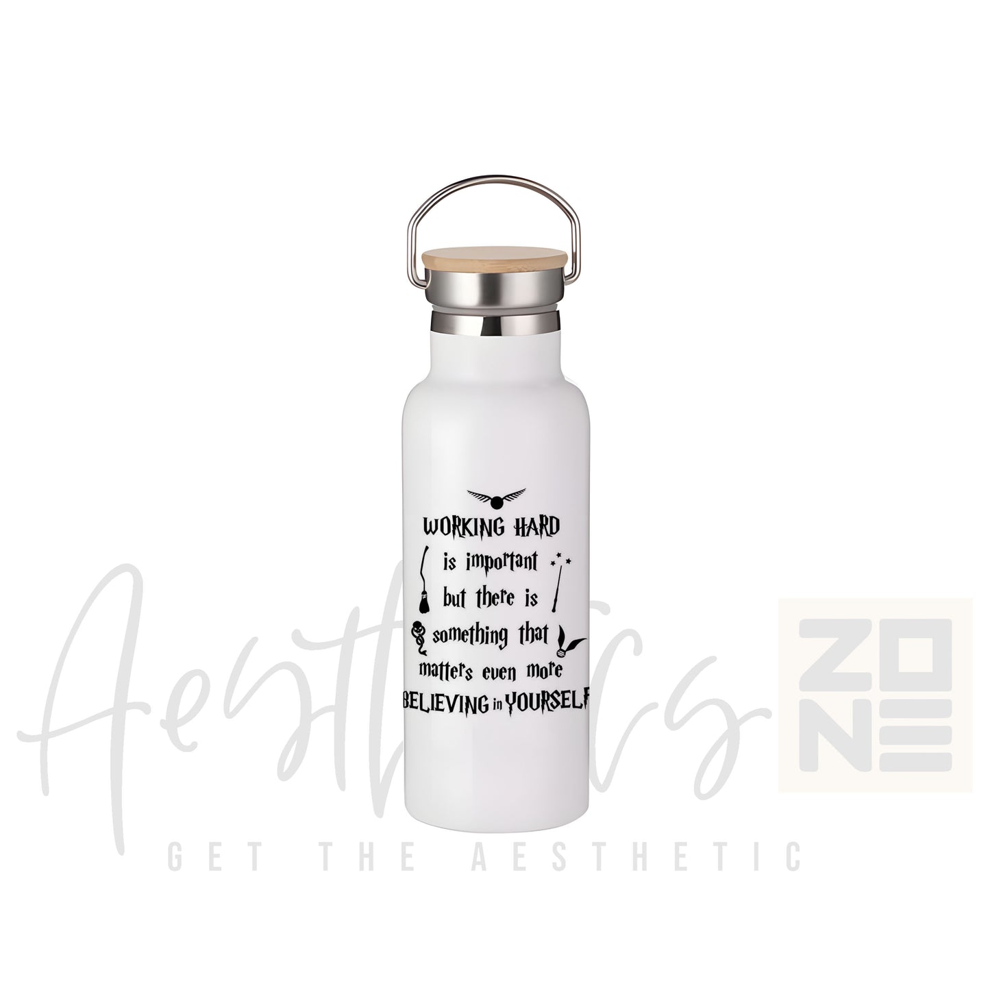 White water bottle with motivational quote on a white background